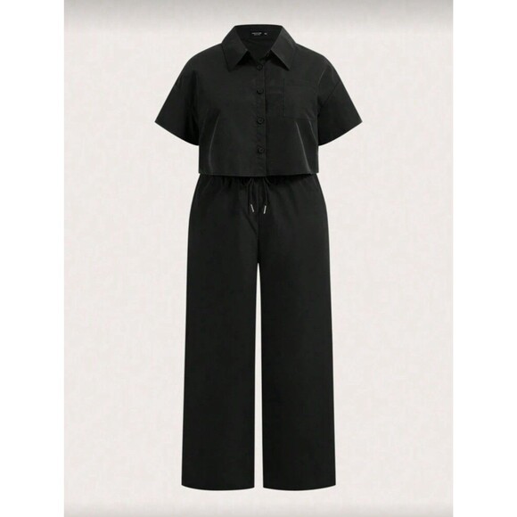 SHEIN 2 Piece Black Lounge Set Crop Button Top Wide Leg Pants 0X Plus - Picture 5 of 8